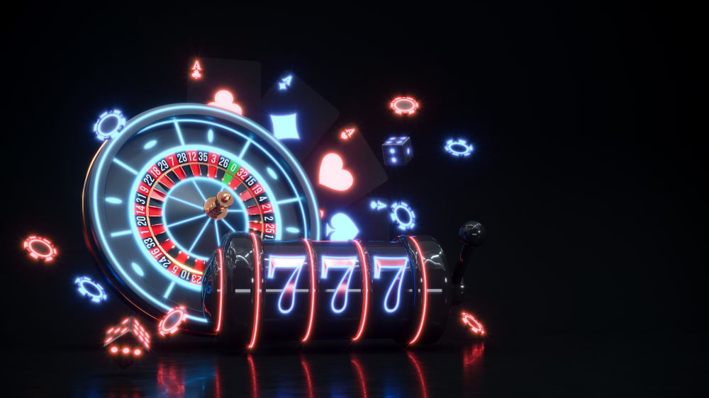casino-neon-background-with-roulette-slot-machine-poker-chips-falling-premium-photo